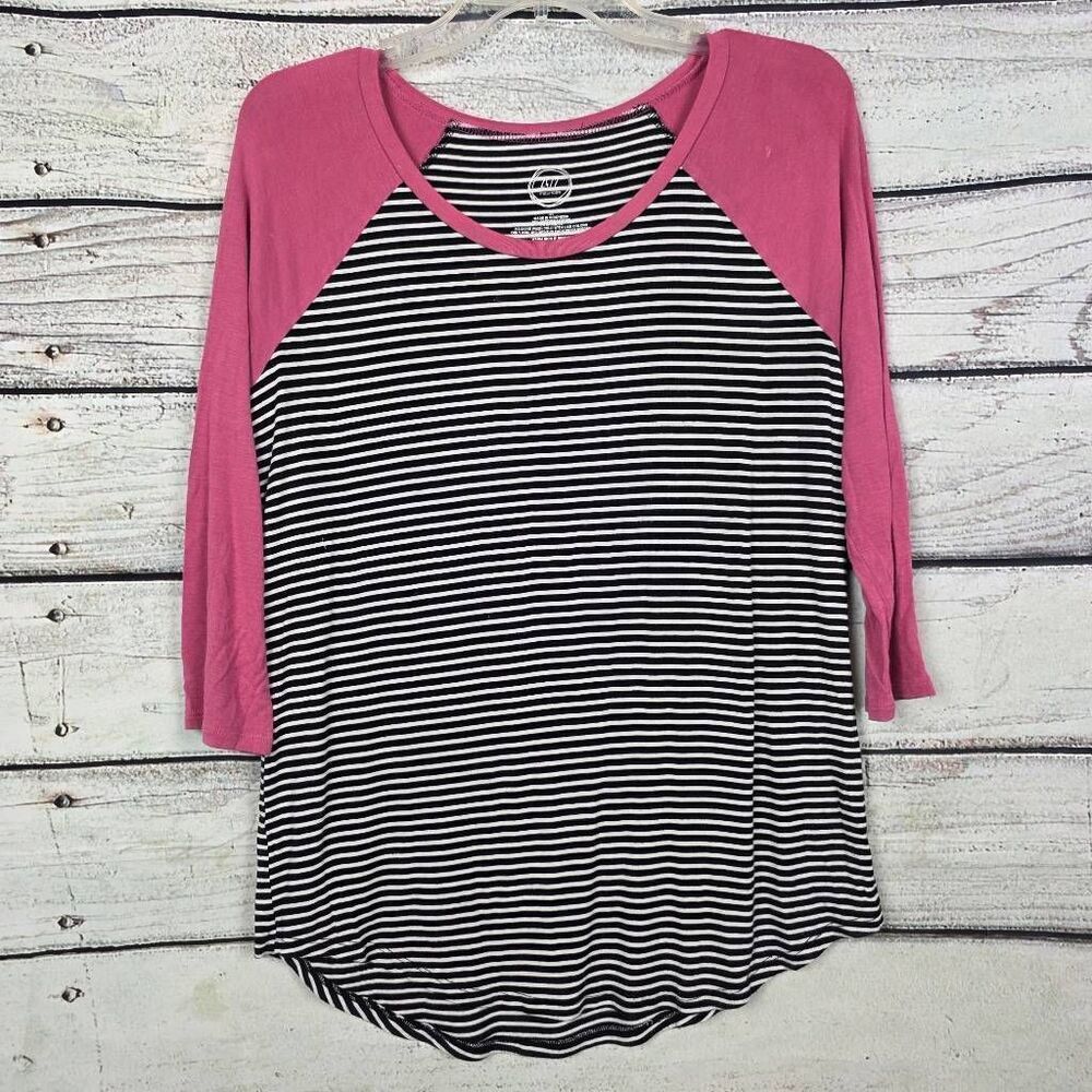 Maurices 24/7 Pink Black Stripe Raglan Top Medium